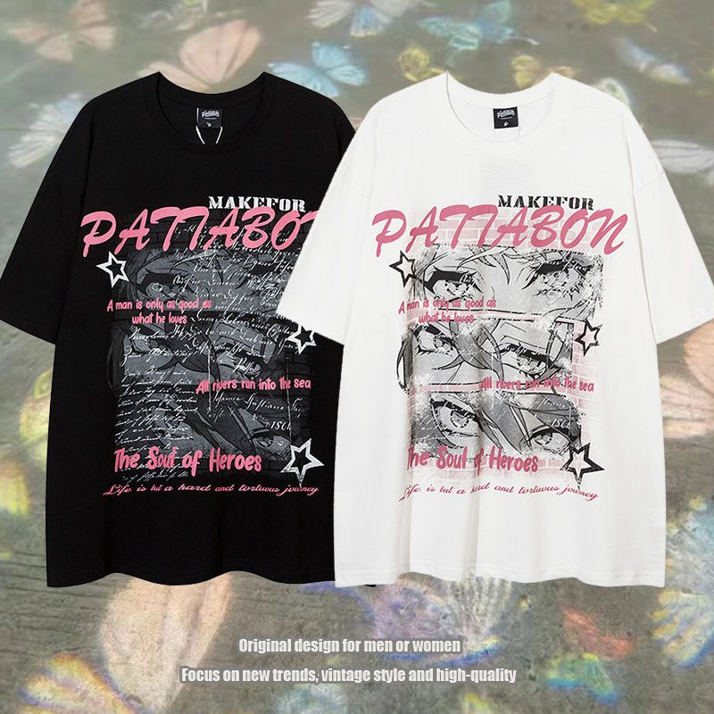 Original National Fashion Brand Y2K Cartoon Printed Pure Cotton Bottoming Top Street Hip Hop Couples Short Sleeve T-Shirt for Men and Women