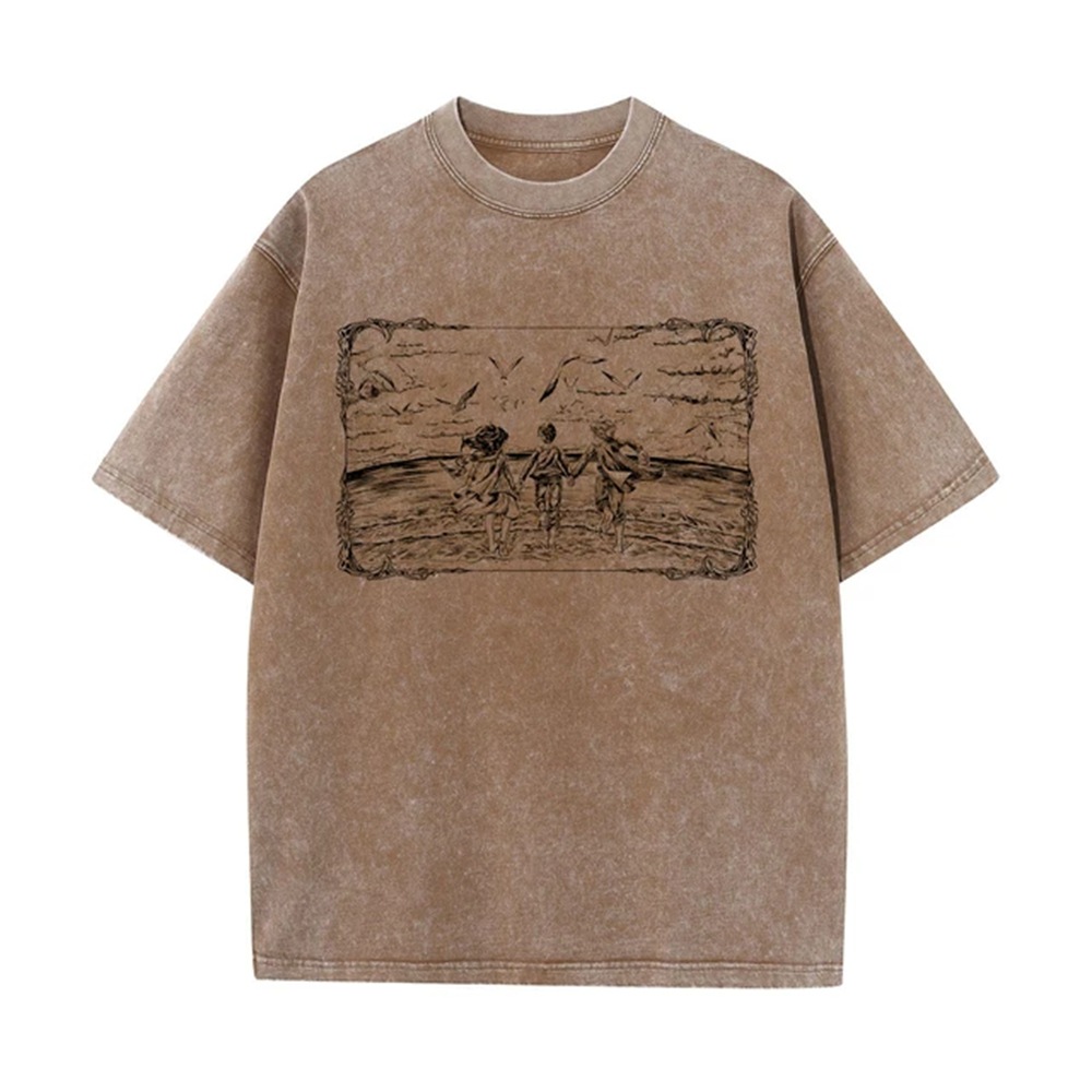 Men's Washed Anime Attack Titan Hip-Hop Street Pack Pattern Printed Short Sleeve Cotton Loose Retro Top T-Shirt