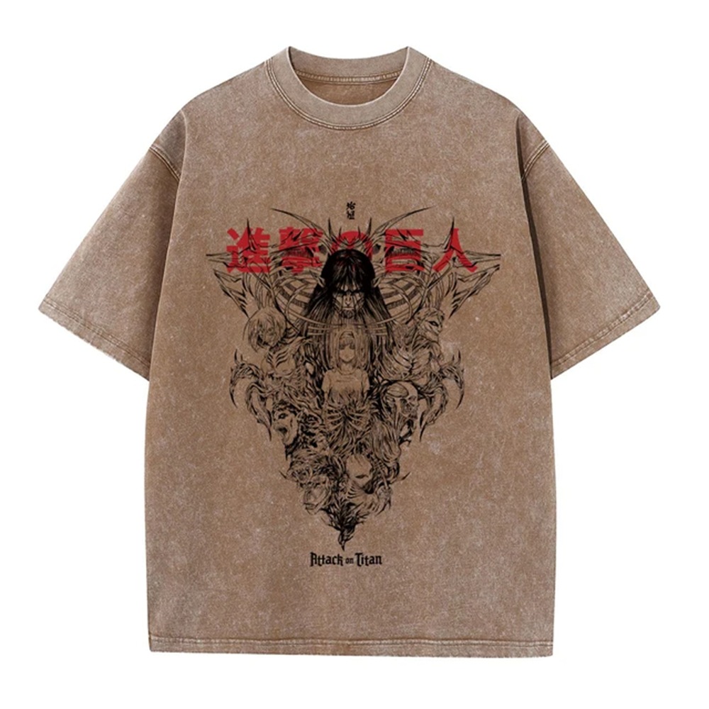Men's Washed Anime Attack Titan Hip-Hop Street Pack Pattern Printed Short Sleeve Cotton Loose Retro Top T-Shirt