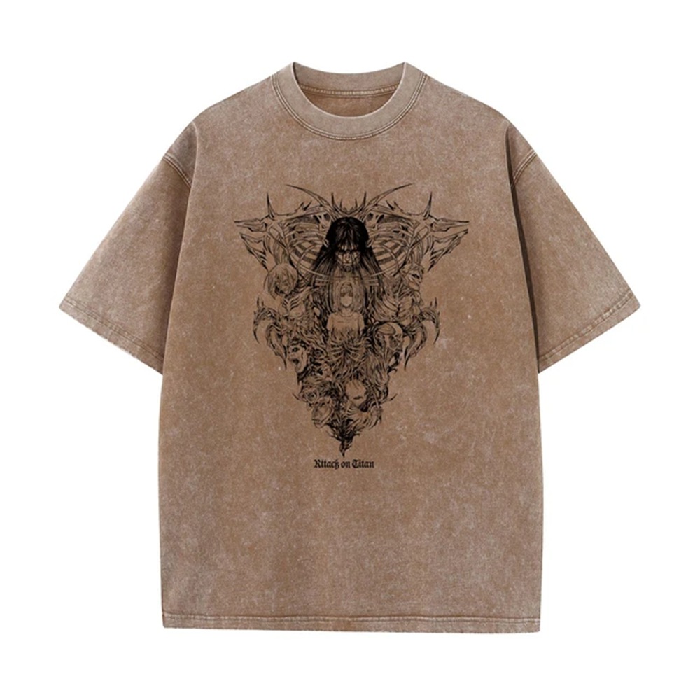 Men's Washed Anime Attack Titan Hip-Hop Street Pack Pattern Printed Short Sleeve Cotton Loose Retro Top T-Shirt