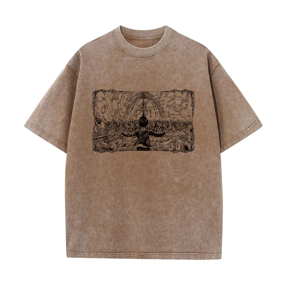 Men's Washed Anime Attack Titan Hip-Hop Street Pack Pattern Printed Short Sleeve Cotton Loose Retro Top T-Shirt
