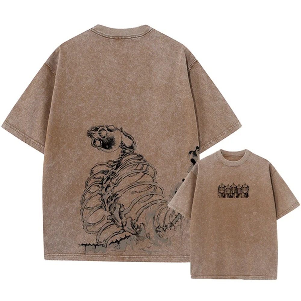 Men's Washed Anime Attack Titan Hip-Hop Street Pack Pattern Printed Short Sleeve Cotton Loose Retro Top T-Shirt
