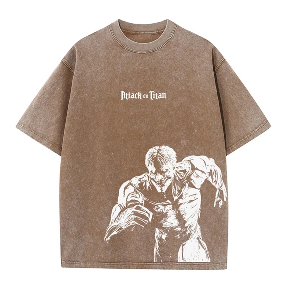 Men's Washed Anime Attack Titan Hip-Hop Street Pack Pattern Printed Short Sleeve Cotton Loose Retro Top T-Shirt