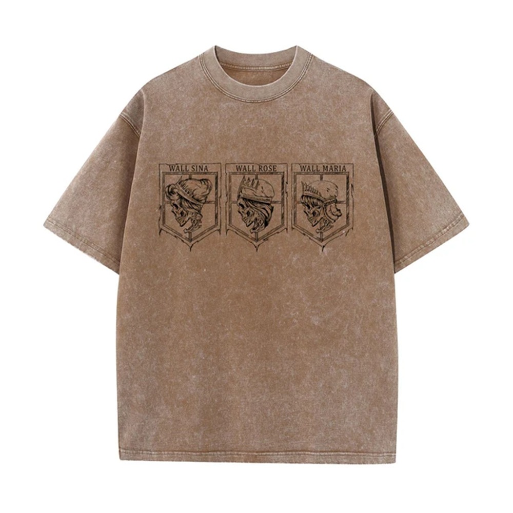 Men's Washed Anime Attack Titan Hip-Hop Street Pack Pattern Printed Short Sleeve Cotton Loose Retro Top T-Shirt