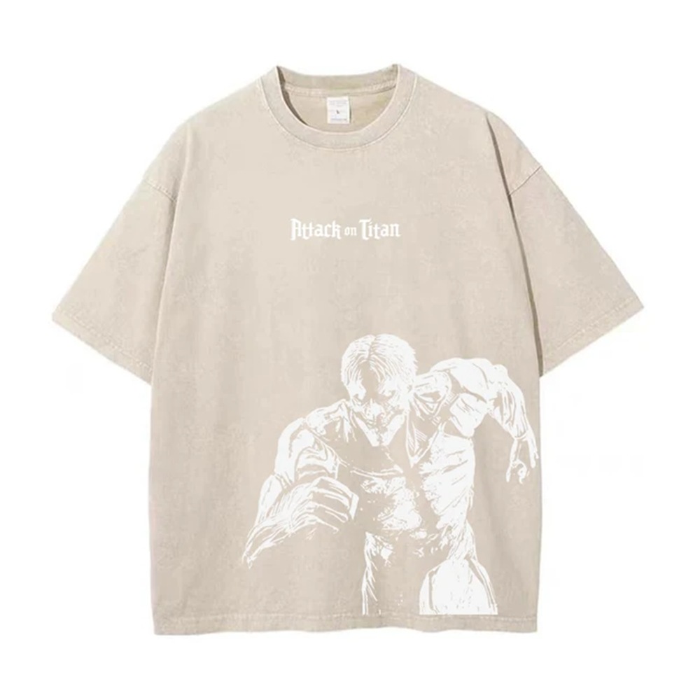 Men's Washed Anime Attack Titan Hip-Hop Street Pack Pattern Printed Short Sleeve Cotton Loose Retro Top T-Shirt