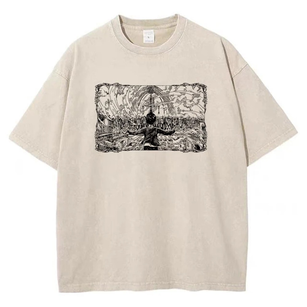 Men's Washed Anime Attack Titan Hip-Hop Street Pack Pattern Printed Short Sleeve Cotton Loose Retro Top T-Shirt