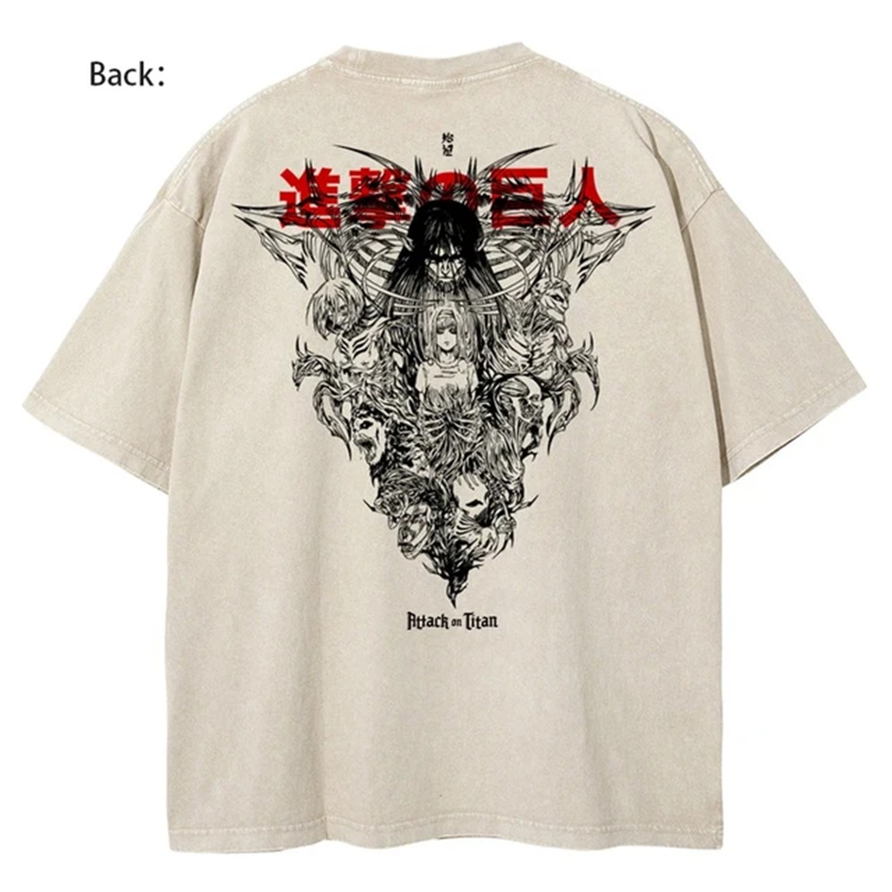 Men's Washed Anime Attack Titan Hip-Hop Street Pack Pattern Printed Short Sleeve Cotton Loose Retro Top T-Shirt