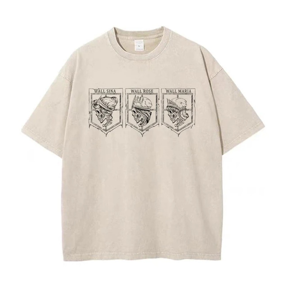 Men's Washed Anime Attack Titan Hip-Hop Street Pack Pattern Printed Short Sleeve Cotton Loose Retro Top T-Shirt