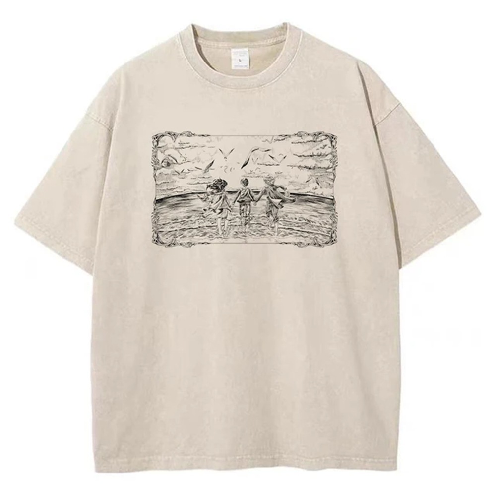 Men's Washed Anime Attack Titan Hip-Hop Street Pack Pattern Printed Short Sleeve Cotton Loose Retro Top T-Shirt
