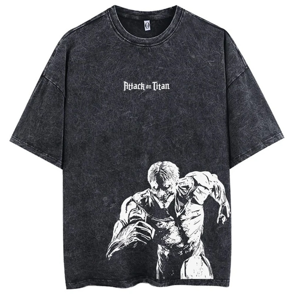 Men's Washed Anime Attack Titan Hip-Hop Street Pack Pattern Printed Short Sleeve Cotton Loose Retro Top T-Shirt