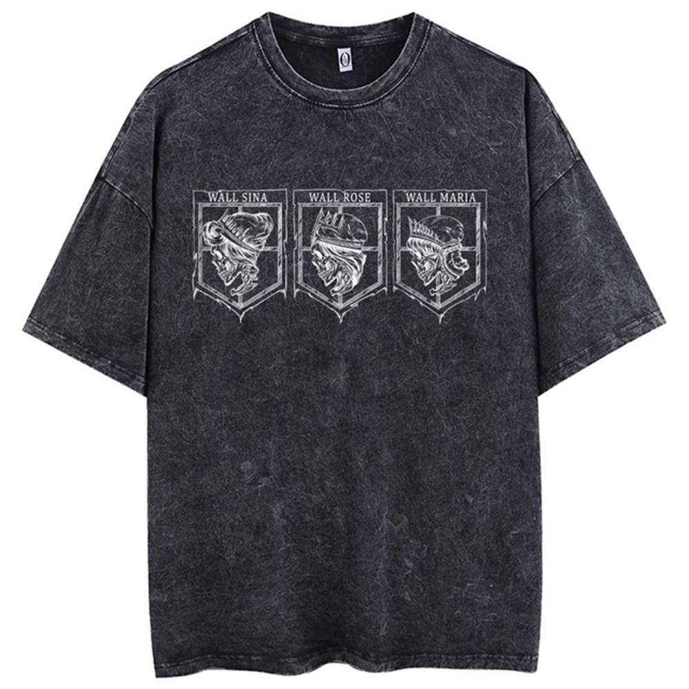 Men's Washed Anime Attack Titan Hip-Hop Street Pack Pattern Printed Short Sleeve Cotton Loose Retro Top T-Shirt