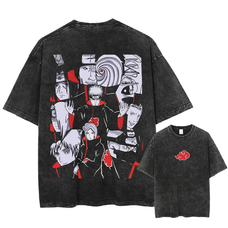 Washed Cotton Printed T-Shirt Washed Anime Short-Sleeved Summer 2025 Pattern Naruto Retro T-Shirt