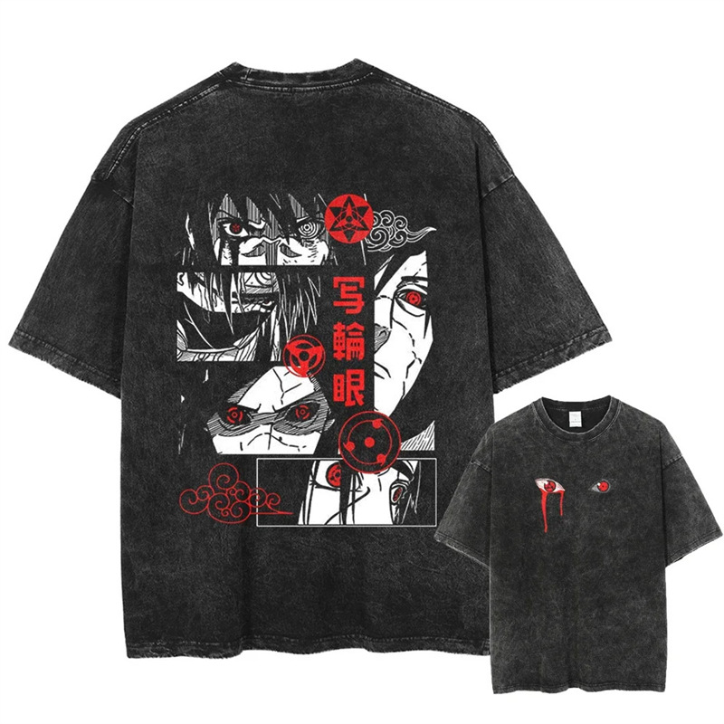 Washed Cotton Printed T-Shirt Washed Anime Short-Sleeved Summer 2025 Pattern Naruto Retro T-Shirt