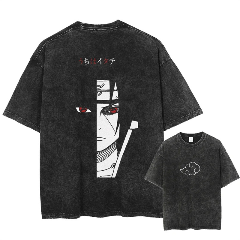 Washed Cotton Printed T-Shirt Washed Anime Short-Sleeved Summer 2025 Pattern Naruto Retro T-Shirt