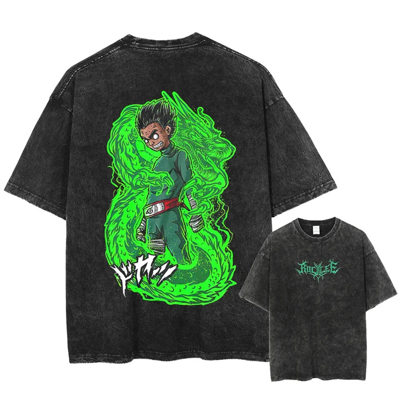 Washed Cotton Printed T-Shirt Washed Anime Short-Sleeved Summer 2025 Pattern Naruto Retro T-Shirt