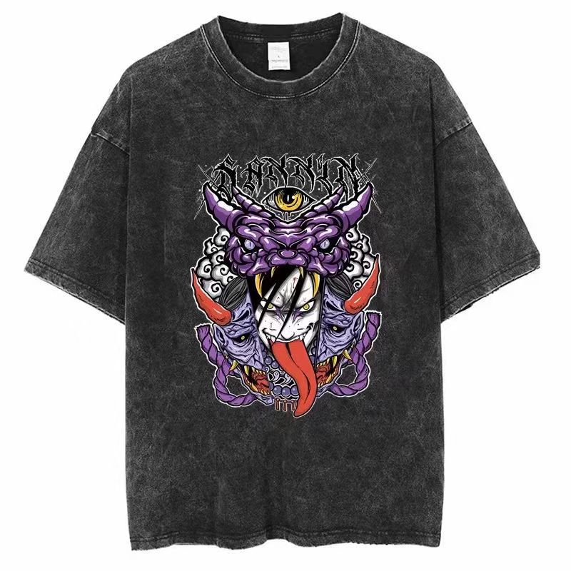 Foreign Trade Independent Women's New Version Harajuku T-Shirt 2025 Printed Loose Retro Men's Japanese Washed