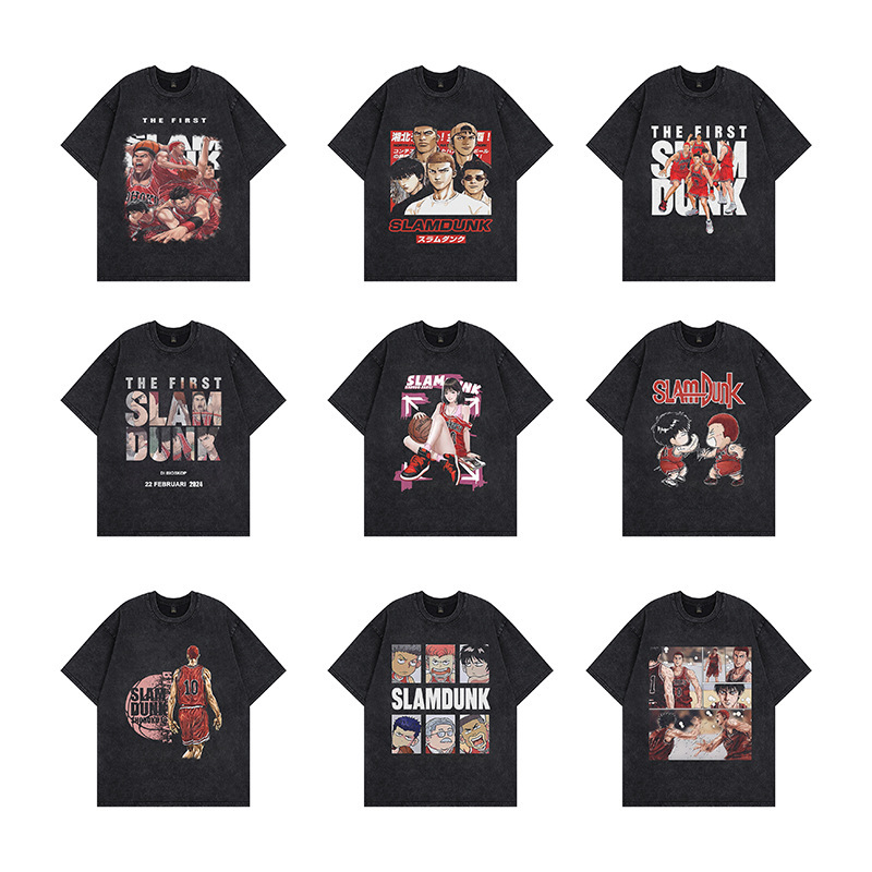 Vintage Trendy T-Shirt with Cherry Blossom Design, Unisex Short-Sleeve Streetwear, Slam Dunk Style