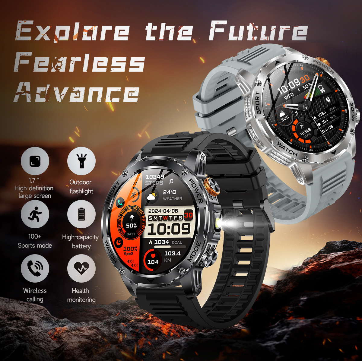 New Multi-Functional Large-Screen Disc Outdoor Smart Watch Flashlight detail image