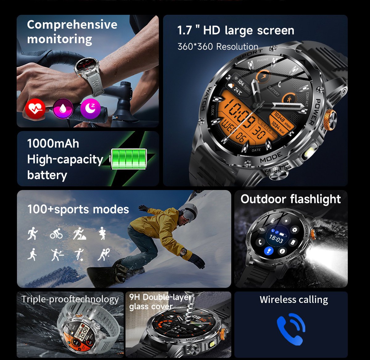 New Multi-Functional Large-Screen Disc Outdoor Smart Watch Flashlight detail image