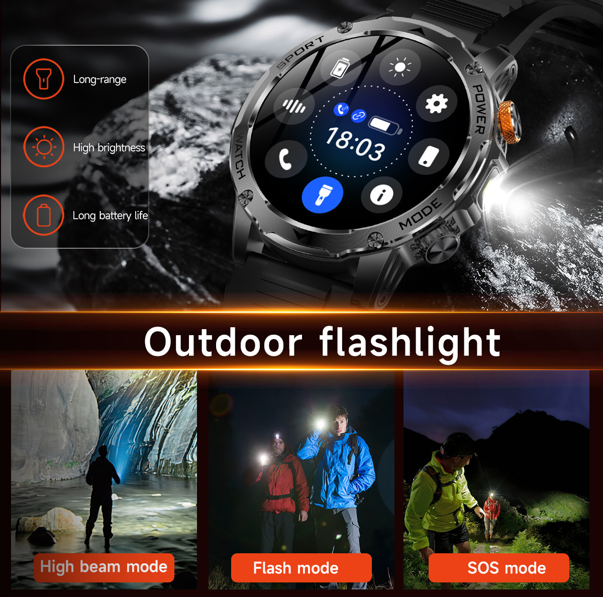 New Multi-Functional Large-Screen Disc Outdoor Smart Watch Flashlight detail image