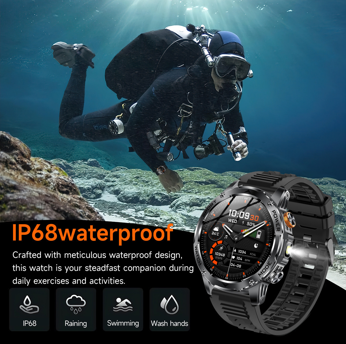 New Multi-Functional Large-Screen Disc Outdoor Smart Watch Flashlight detail image