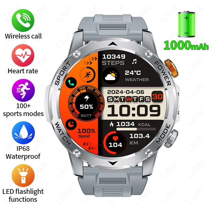 New Multi-Functional Large-Screen Disc Outdoor Smart Watch Flashlight